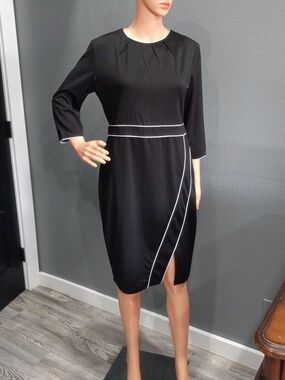 HOMEYEE Classic Black Sheath Dress with White Piping